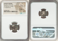 Claudius I (AD 41-54) with Agrippina Junior. AR denarius (17mm, 2.82 gm, 7h). NGC Fine 3/5 - 3/5. edge scuff. Rome, AD 50-51. TI CLAVD CAESAR AVG GERM...