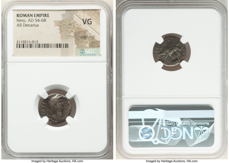 Nero, as Augustus (AD 54-68). AR denarius (17mm, 7h). NGC VG, edge chip. Rome, c...