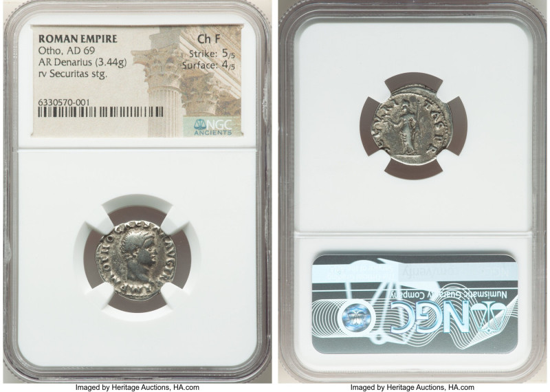 Otho (January-April AD 69). AR denarius (18mm, 3.44 gm, 6h). NGC Choice Fine 5/5...