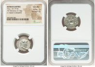 Titus, as Augustus (AD 79-81). AR denarius (19mm, 3.15 gm, 5h). NGC Choice AU 5/5 - 4/5. Rome, 1 January-30 June AD 80. IMP TITVS CAES VESPASIAN AVG P...