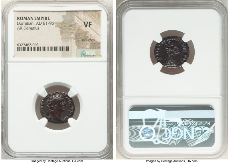 Domitian, as Augustus (AD 81-96). AR denarius (18mm, 6h). NGC VF, scratches. Rom...