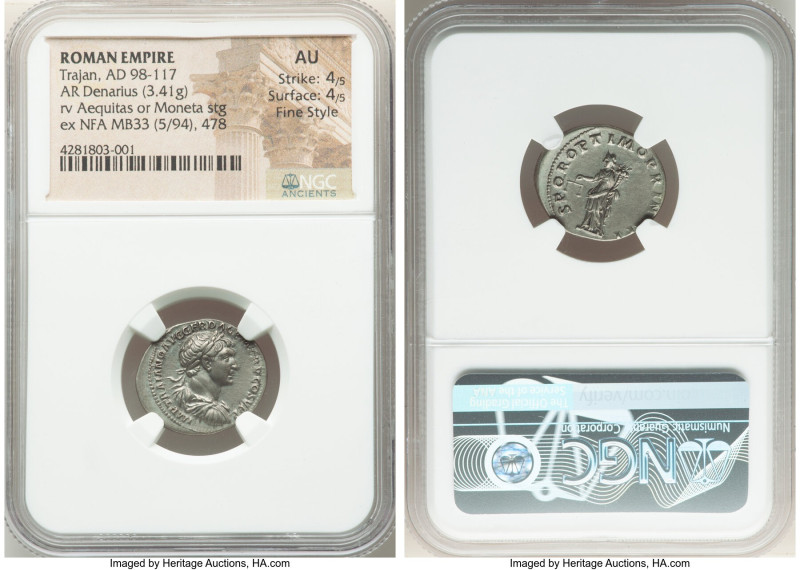 Trajan (AD 98-117). AR denarius (20mm, 3.41 gm, 7h). NGC AU 4/5 - 4/5, Fine Styl...