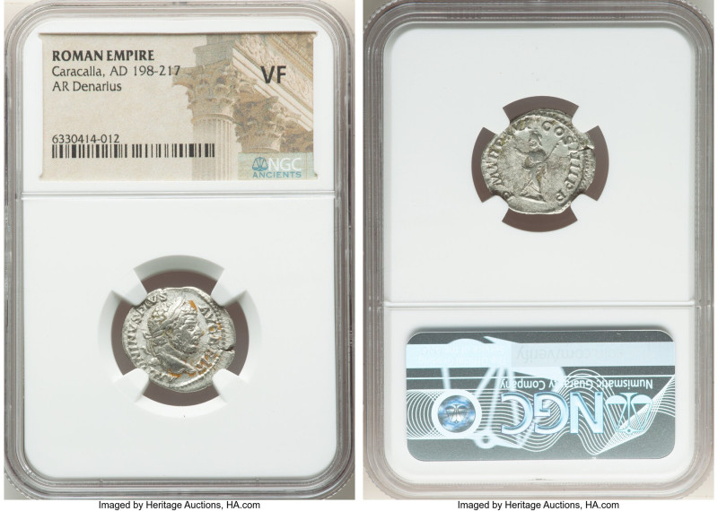 Caracalla, as Augustus (AD 198-217). AR denarius (19mm, 6h). NGC VF. Rome, AD 21...