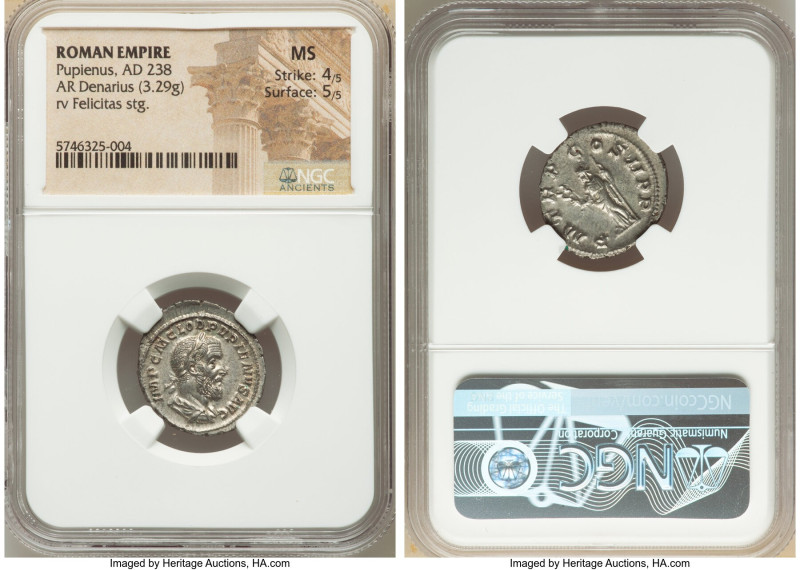 Pupienus (April-July AD 238). AR denarius (21mm, 3.29 gm, 5h). NGC MS 4/5 - 5/5....