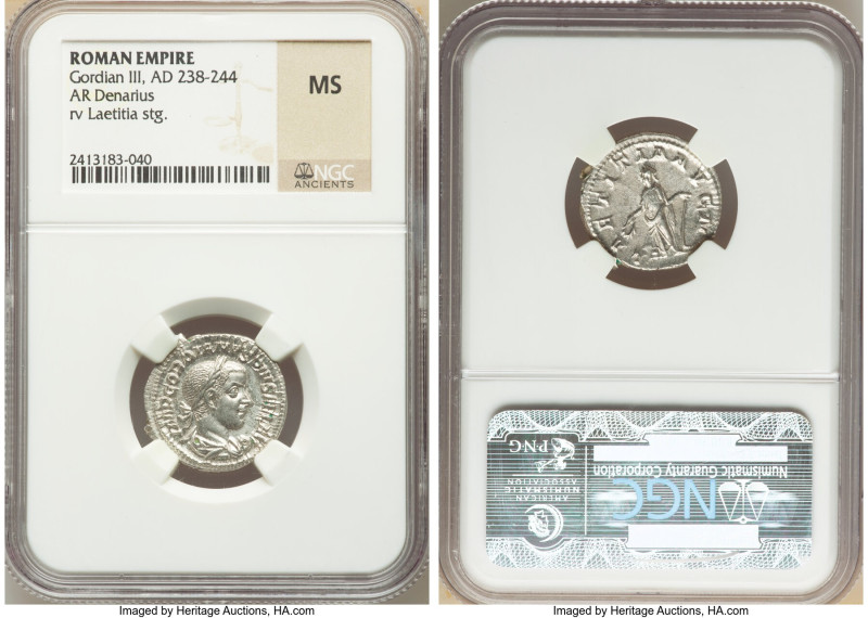 Gordian III, as Augustus (AD 238-244). AR denarius (20mm, 5h). NGC MS. Rome, 4th...