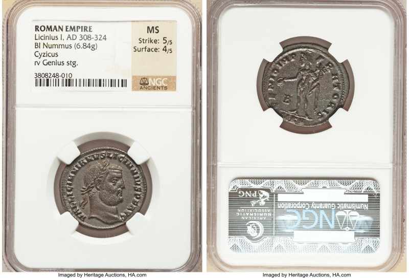 Licinius I (AD 308-324). BI nummus (26mm, 6.84 gm, 6h). NGC MS 5/5 - 4/5. Cyzicu...