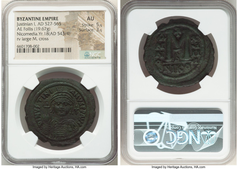 Justinian I the Great (AD 527-565). AE follis or 40 nummi (35mm, 19.67 gm, 6h). ...