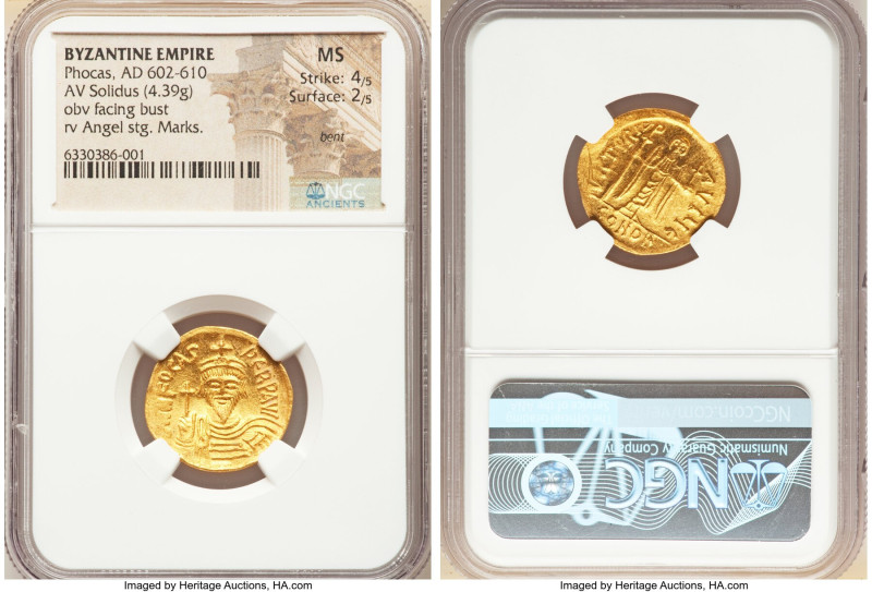 Phocas (AD 602-610). AV solidus (21mm, 4.39 gm, 7h). NGC MS 4/5 - 2/5, bent, mar...