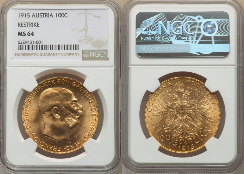 Franz Joseph I gold Restrike 100 Corona 1915 MS64 NGC, Vienna mint, KM2819. Shar...