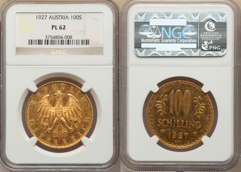 Republic gold Prooflike 100 Schilling 1927 PL62 NGC, Vienna mint, KM2842. 

HID0...