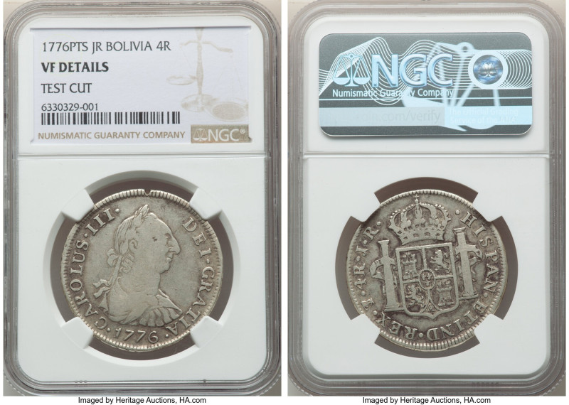 Charles III 4 Reales 1776 PTS-PR VF Details (Test Cut) NGC, Potosi mint, KM54. S...