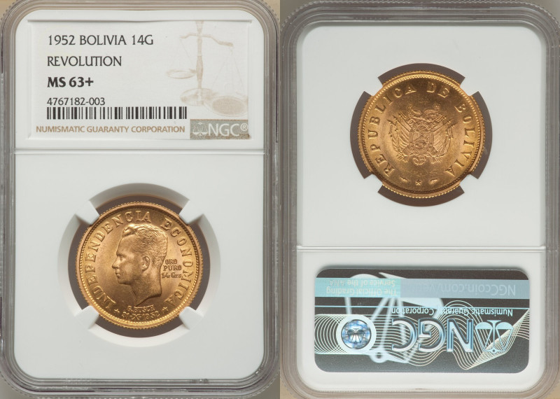 Republic gold "Revolution" 14 Gramos 1952-(a) MS63+ NGC, Paris mint, KM-X12. 

H...