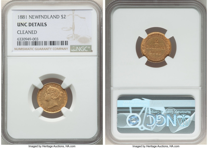 Newfoundland. Victoria gold 2 Dollars 1881 UNC Details (Cleaned) NGC, London min...