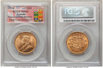George V gold 10 Dollars 1914 MS64 PCGS, Ottawa mint, KM27. A near-Gem Mint State representative of this three year type exhibiting razor sharp device...
