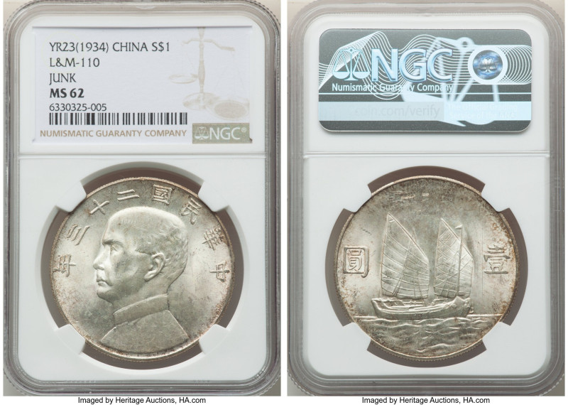 Republic Sun Yat-sen "Junk" Dollar Year 23 (1934) MS62 NGC, KM-Y345, L&M-110. Ge...