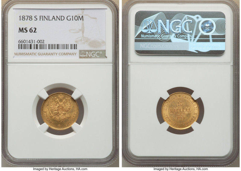 Russian Duchy. Alexander II gold 10 Markkaa 1878-S MS62 NGC, Helsinki mint, KM8....