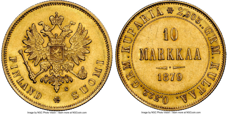 Russian Duchy. Alexander II gold 10 Markkaa 1879-S MS61 NGC, Helsinki mint, KM8....