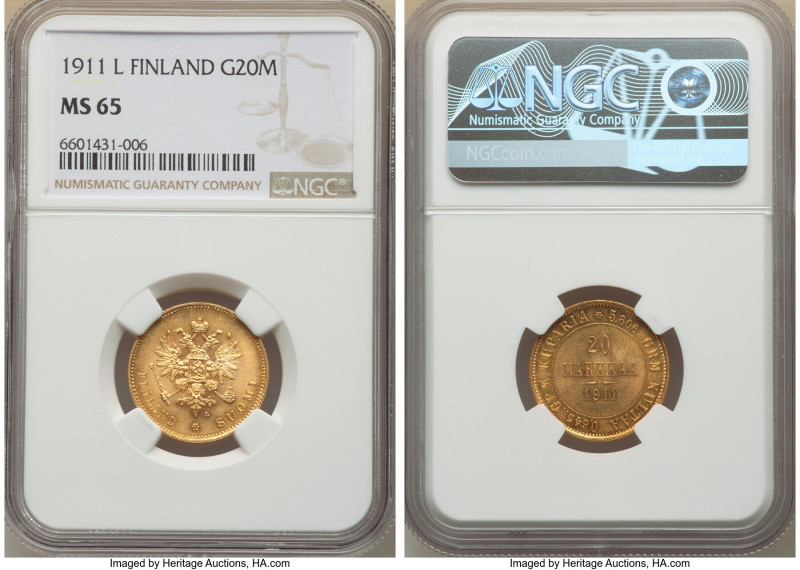 Russian Duchy. Nicholas II gold 20 Markkaa 1911-L MS65 NGC, Helsinki mint, KM9.2...