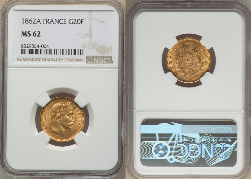 Napoleon III gold 20 Francs 1862-A MS62 NGC, Paris mint, KM801.1. Satin luster, ...