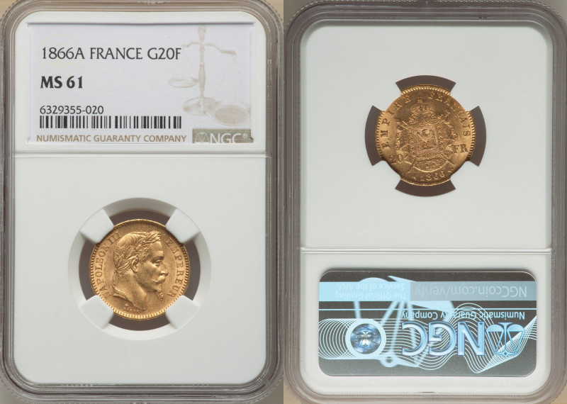 Napoleon III gold 20 Francs 1866-A MS61 NGC, Paris mint, KM801.1. Choice portrai...