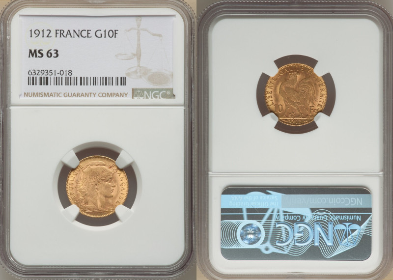 Republic gold 10 Francs 1912 MS63 NGC, Paris mint, KM846. Scarce later date in s...