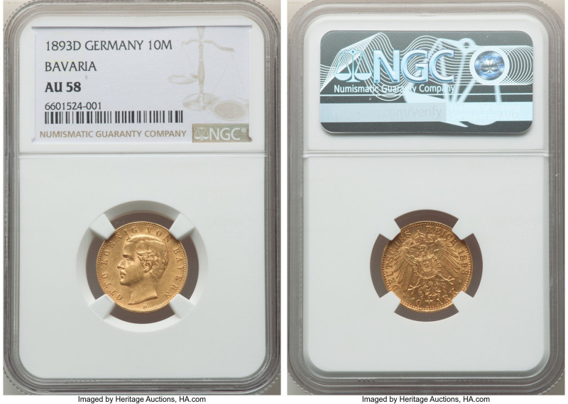 Bavaria. Otto gold 10 Mark 1893-D AU58 NGC, Munich mint, KM911. An admirable exa...