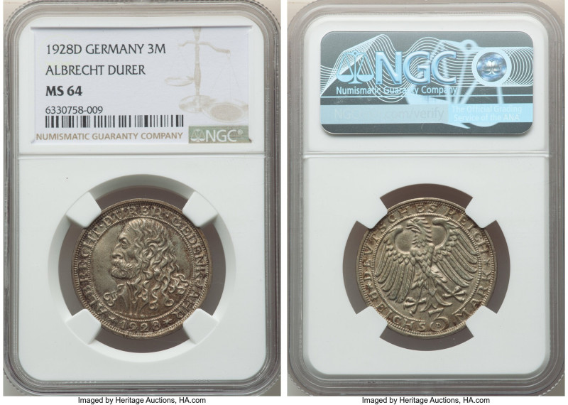 Weimar Republic "Dürer" 3 Mark 1928-D MS64 NGC, Munich mint, KM58, J-332. Commem...