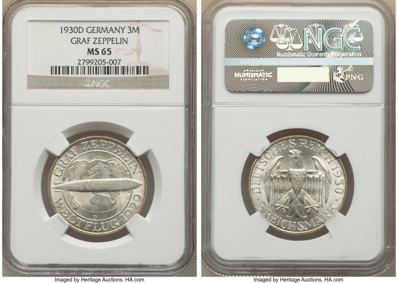 Weimar Republic "Graf Zeppelin" 3 Reichsmark 1930-D MS65 NGC, Munich mint, KM67,...