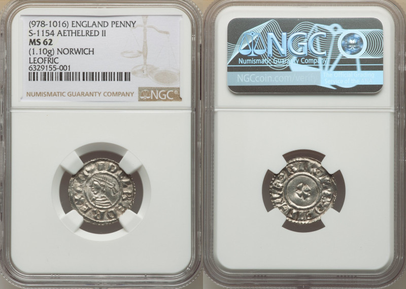 Kings of All England. Aethelred II (978-1016) Penny ND (c. 997) MS62 NGC, Norwic...