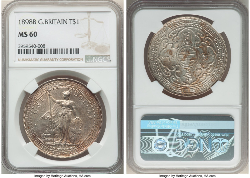 Victoria Trade Dollar 1898-B MS60 NGC, Bombay mint, KM-T5, Prid-6. Lustrous surf...