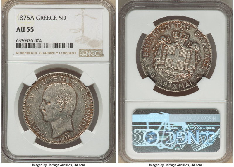 George I 5 Drachmai 1875-A AU55 NGC, Paris mint, KM46. Glittering reflective lus...