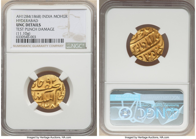 Hyderabad. Afzal-ad-Daula gold Mohur AH 1284 (1868) UNC Details (Test Punch Dama...