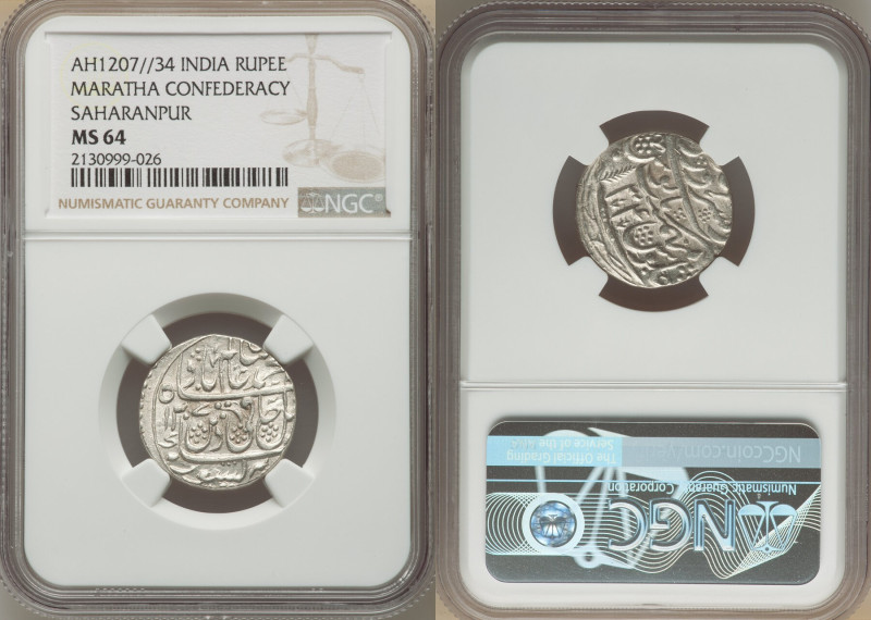 Maratha Confederacy. Anonymous Rupee AH 1207 Year 34 (1792/1793) MS64 NGC, Sahar...