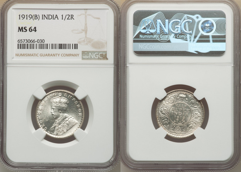 British India. George V 1/2 Rupee 1919-(b) MS64 NGC, Bombay mint, KM522. Rotatin...