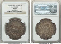 Charles III 8 Reales 1760 Mo-MM AU55 NGC, Mexico City mint, KM105. Cal-1073. Semi-Prooflike luster in underlying fields canvased in a deep malachite t...