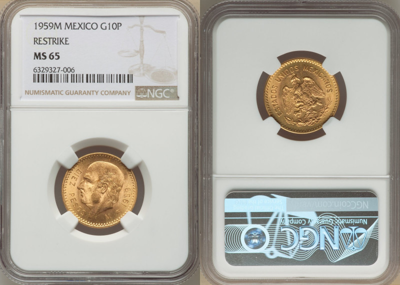 Estados Unidos gold Restrike 10 Pesos 1959-M MS65 NGC, Mexico City mint, KM473. ...