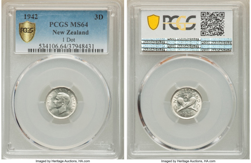 George VI 3 Pence 1942 MS64 PCGS, London mint, KM7. Scarce one dot variety. 

HI...