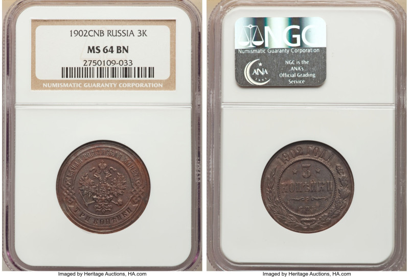 Nicholas II 3 Kopecks 1902-СПБ MS64 Brown NGC, St. Petersburg mint, KM-Y11.2. Gl...