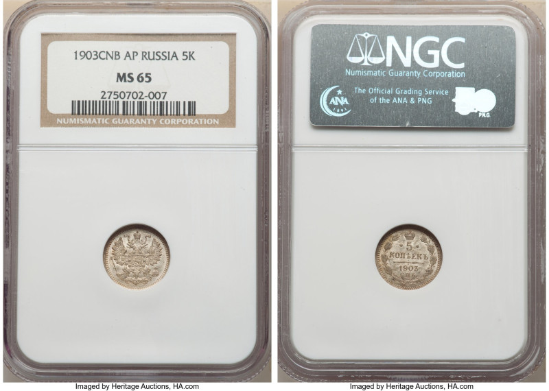 Nicholas II silver 5 Kopecks 1903 СПБ-AP MS65 NGC, St. Petersburg mint, KM-Y19a....