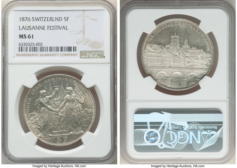 Confederation "Lausanne Shooting Festival" 5 Francs 1876 MS61 NGC, Bern mint, KM...