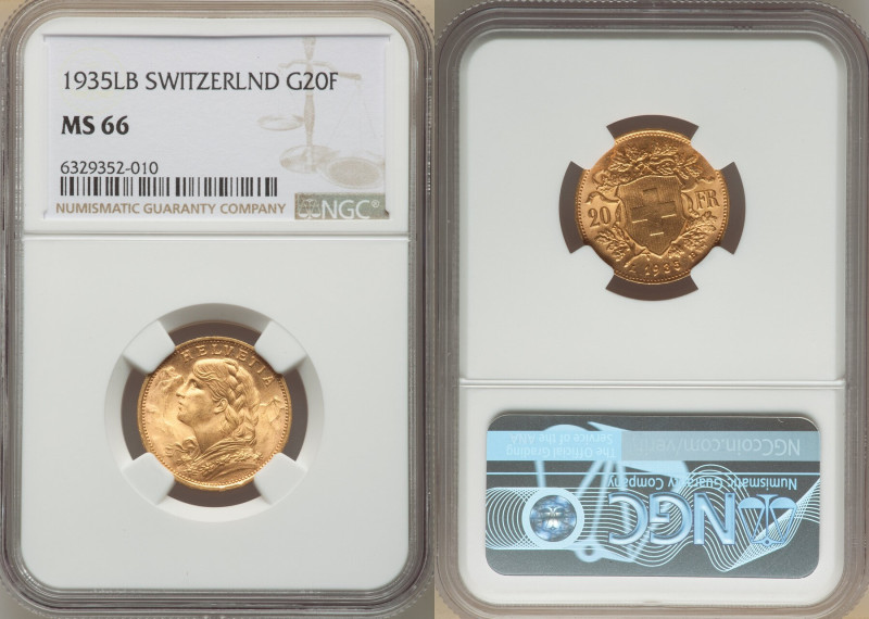 Confederation gold 20 Francs 1935-LB MS66 NGC, Bern mint, KM35.1. Rose tinted go...