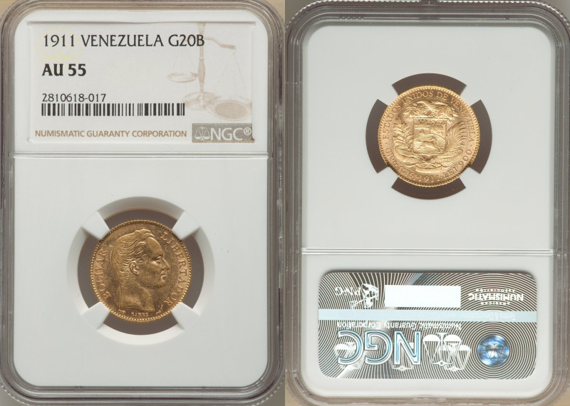 Republic gold 20 Bolivares 1911 AU55 NGC, Paris mint, KM-Y32. Type 2 variety - d...