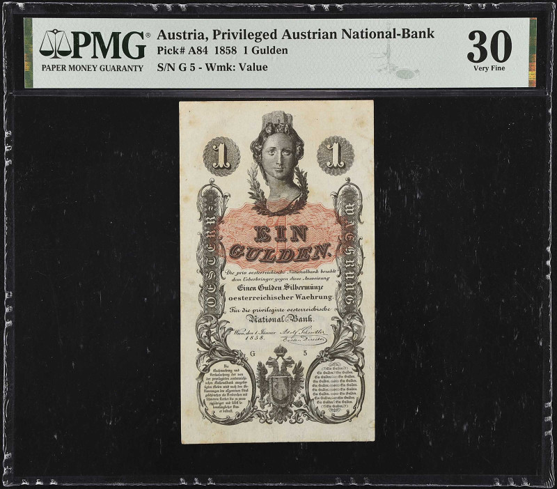 AUSTRIA. Privileged Austrian Nat. 1 Gulden, 1858. P-A84. Serial Number 5. PMG Ve...