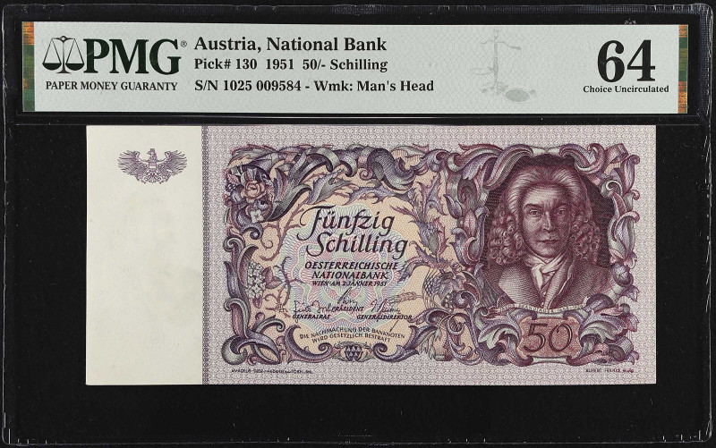 AUSTRIA. National Bank. 50 Schillings, 1951. P-130. PMG Choice Uncirculated 64....