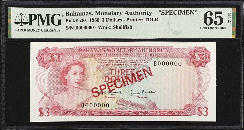 BAHAMAS. Bahamas Monetary Authority. 3 Dollars, 1968. P-28s. Specimen. PMG Gem U...
