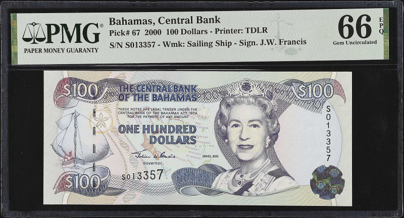 BAHAMAS. The Central Bank of the Bahamas. 100 Dollars, 2000. P-67. PMG Gem Uncir...