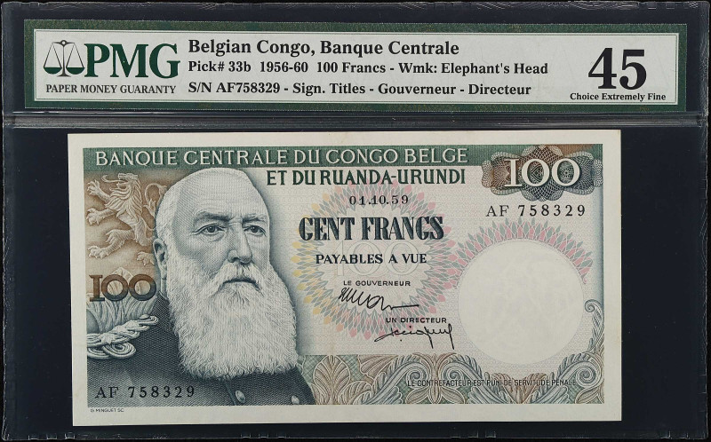 BELGIAN CONGO. Banque Centrale du Congo Belge. 100 Francs, 1956-60. P-33b. PMG C...