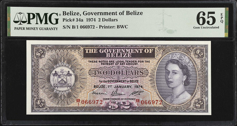 BELIZE. Government of Belize. 2 Dollars, 1974. P-34a. PMG Gem Uncirculated 65 EP...