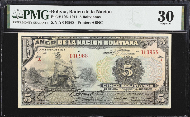 BOLIVIA. El Banco de la Nacion Boliviana. 5 Bolivianos, 1911. P-106. PMG Very Fi...