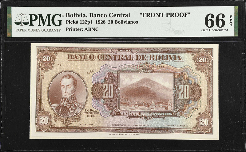 BOLIVIA. Banco Central de Bolivia. 20 Bolivianos, 1928. P-122p1. Front Proof. PM...